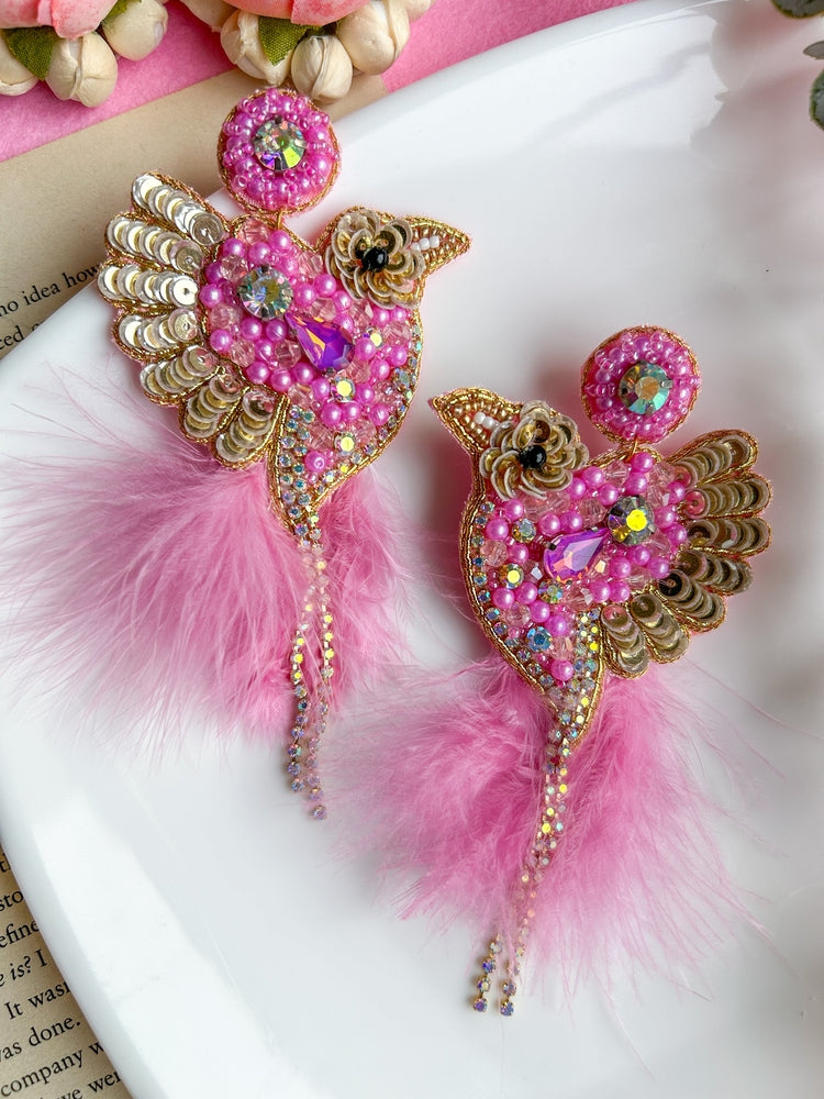 Glamorous Pink Birdies Handmade Beaded Bird Earrings