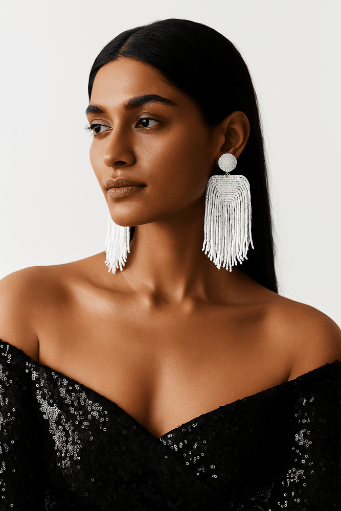 Luxe Snow White Handmade Beaded Tassel Earrings