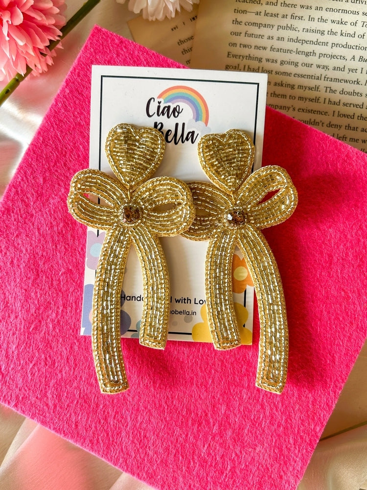 Glam Bow (Gold) Handmade Beaded Earrings