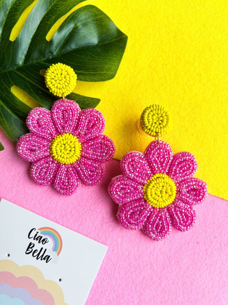 Forever-Pink Daisy Handmade Beaded Flower Earrings