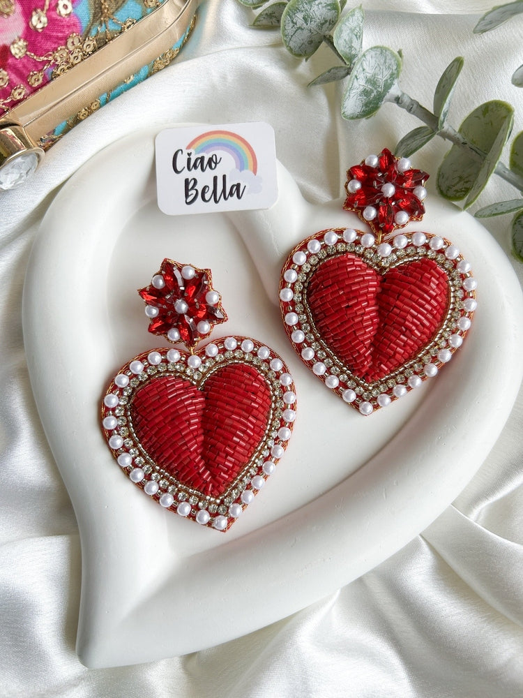 Ishqiya Red Heart Drop Handmade Beaded Earrings