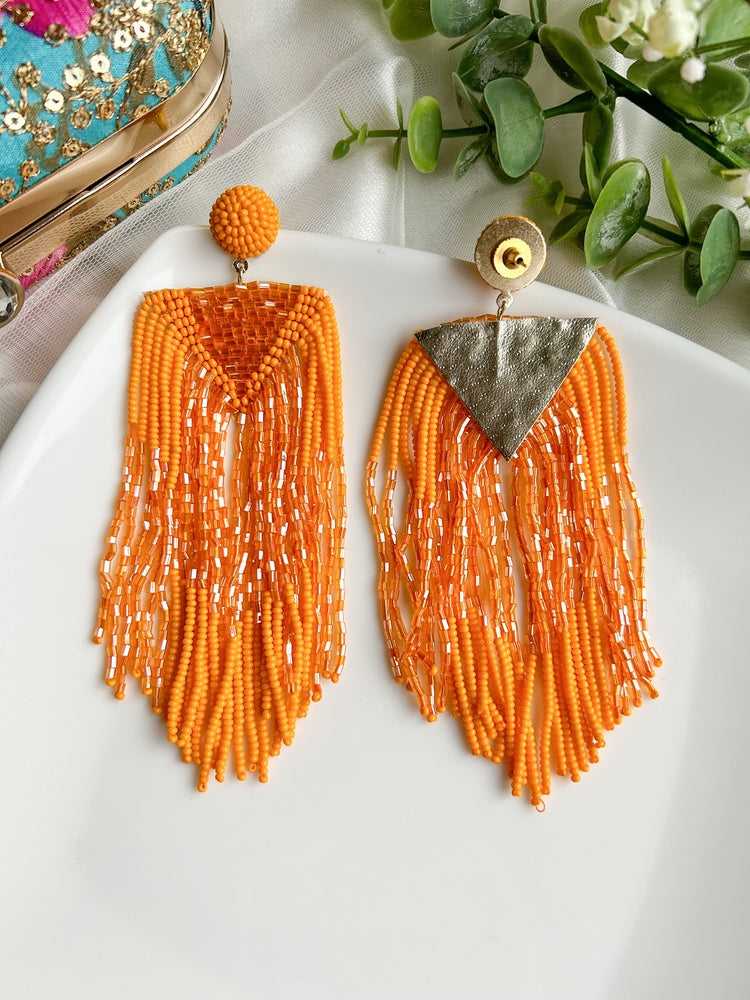 Luxe Sunset Orange Handmade Beaded Tassel Earrings