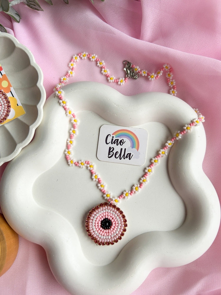 Blush Pink Evil Eye Handmade Beaded Necklace + Earrings + Ring Set