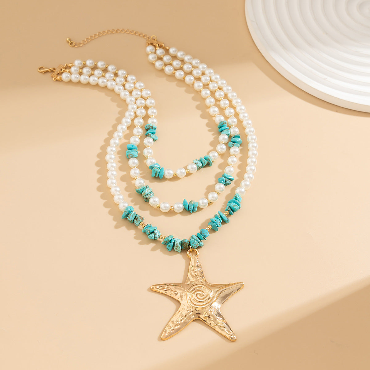 Exaggerated Marine Style Star Pearl Beaded Three Layer Necklace