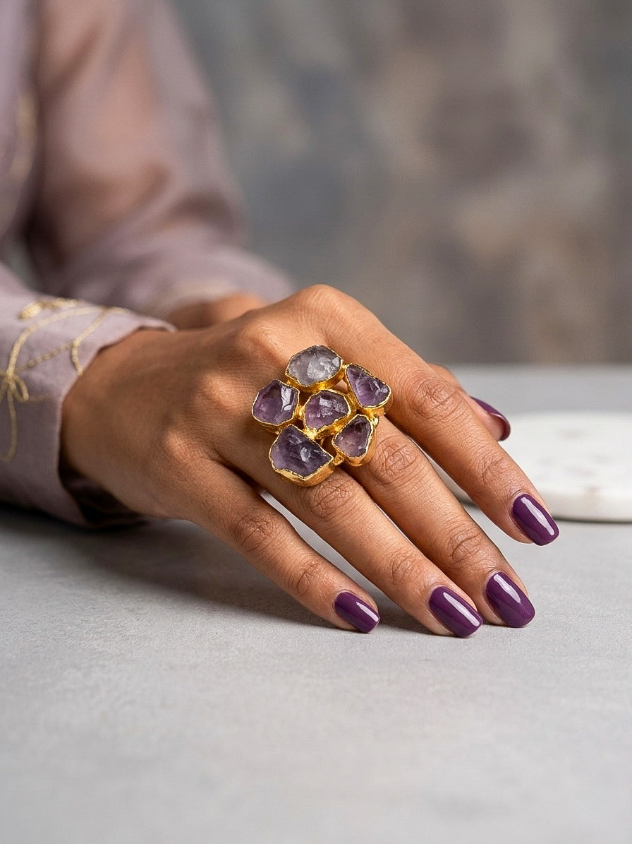 Amethyst Natural Stone Handmade Brass Ring
