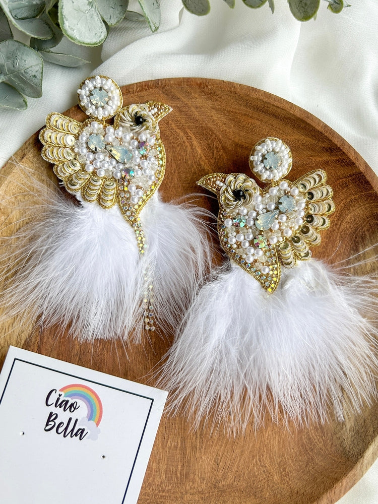 Glamorous Ivory Birdies Handmade Beaded Bird Earrings