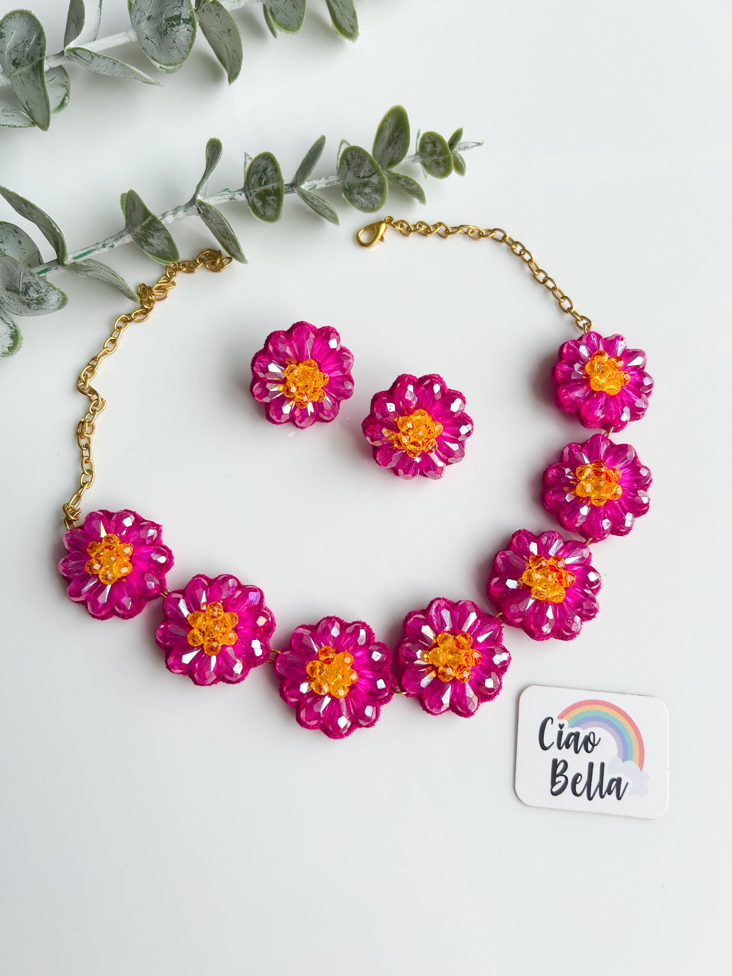 Sparkling Hot Pink Daisy Handmade Beaded Necklace + Earrings Set