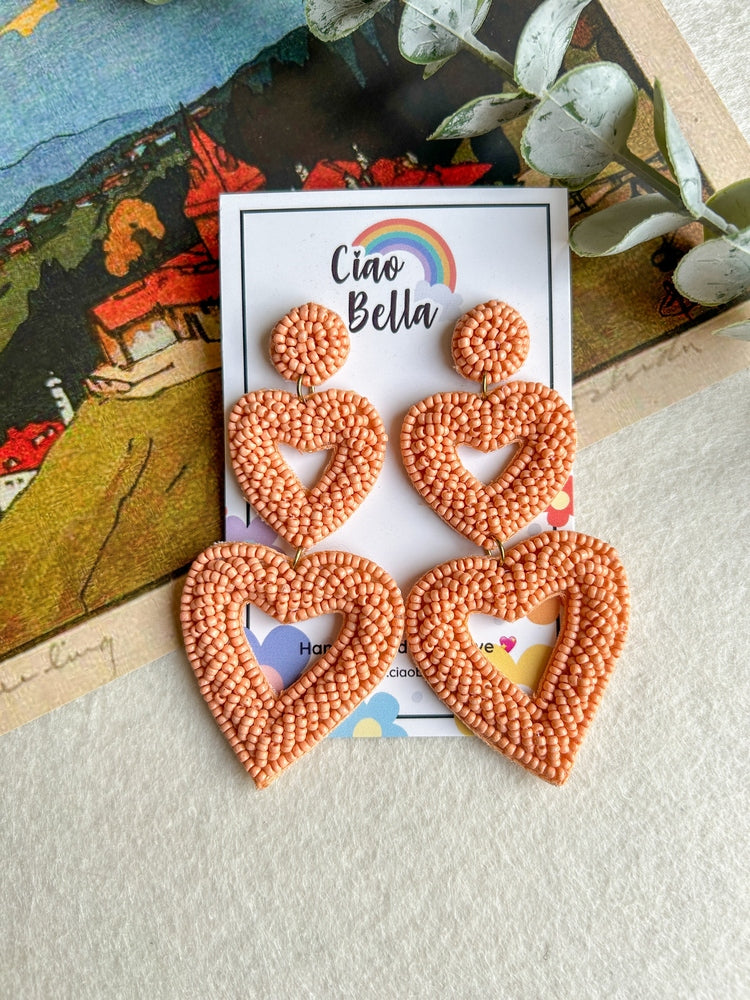 Peach Love Heart Handmade Beaded Earrings