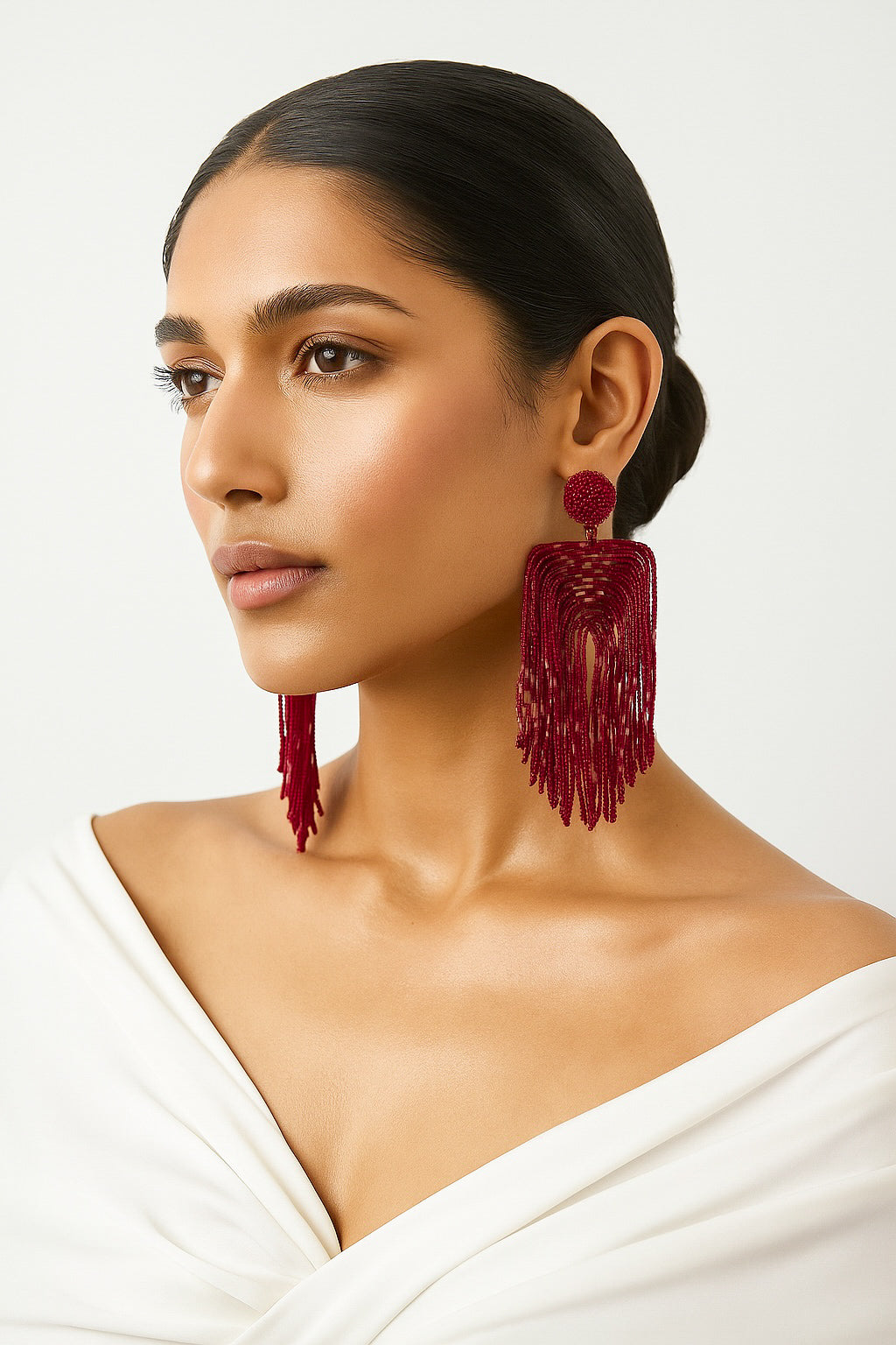 Luxe Deep Red Handmade Beaded Tassel Earrings
