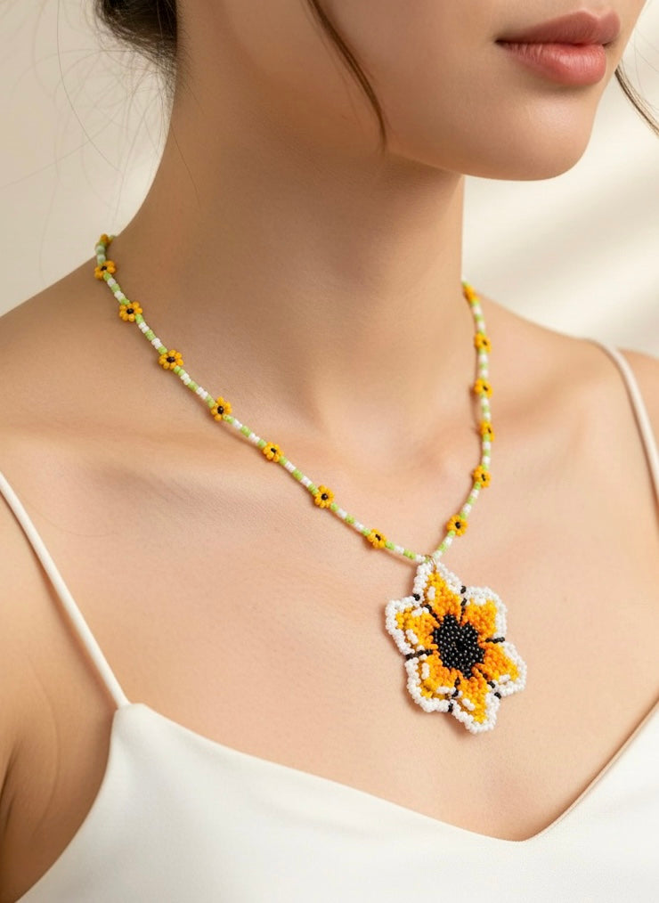 Sun-Kissed Yellow Flower Handmade Beaded Necklace