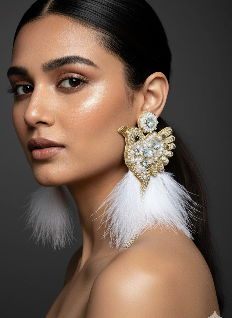 Glamorous Ivory Birdies Handmade Beaded Bird Earrings