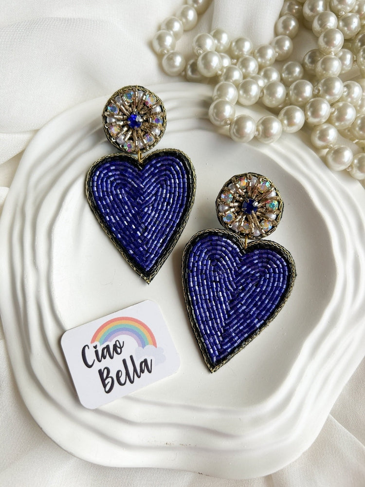 Glam Blue Heart Drop Handmade Beaded Earrings
