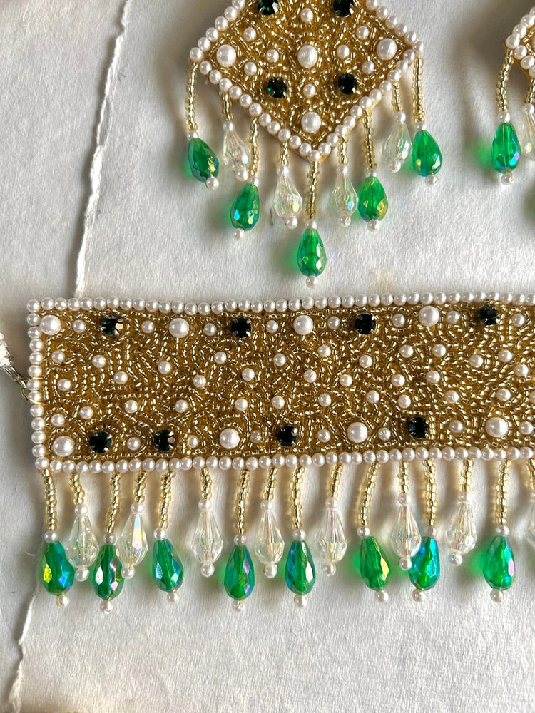 Golden Emerald Green Handmade Beaded Choker Set
