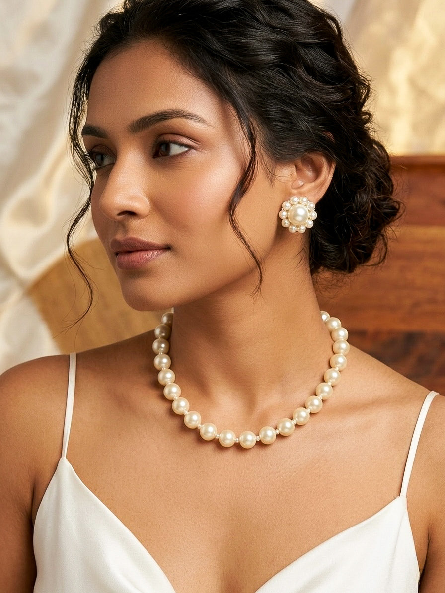 Pearl Bloom Handmade Necklace + Stud Earrings Set
