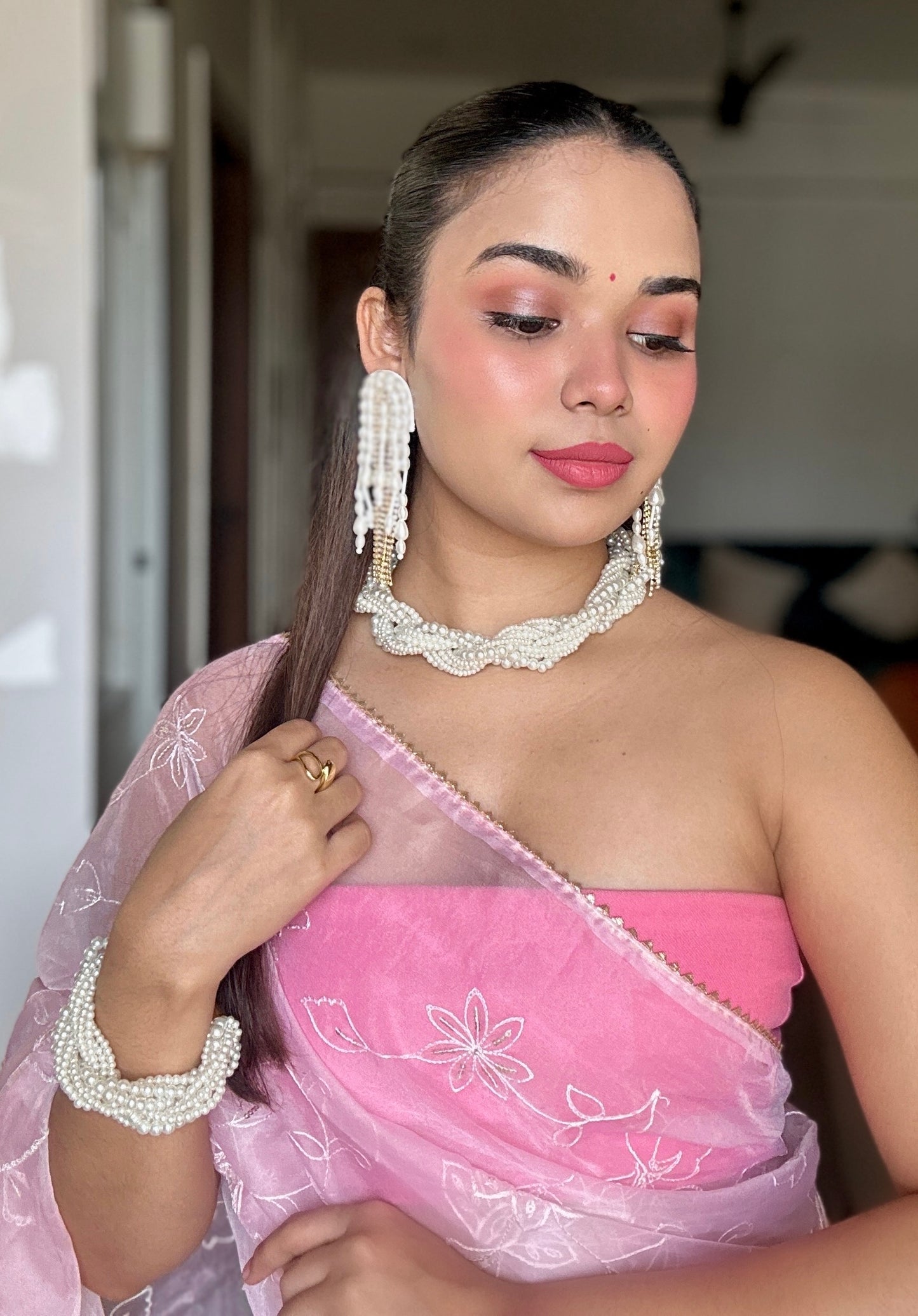 Noor Twisted Pearl Handmade Necklace + Bracelet + Earrings Set