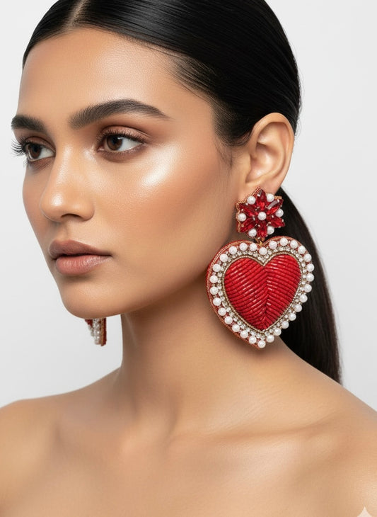 Ishqiya Red Heart Drop Handmade Beaded Earrings