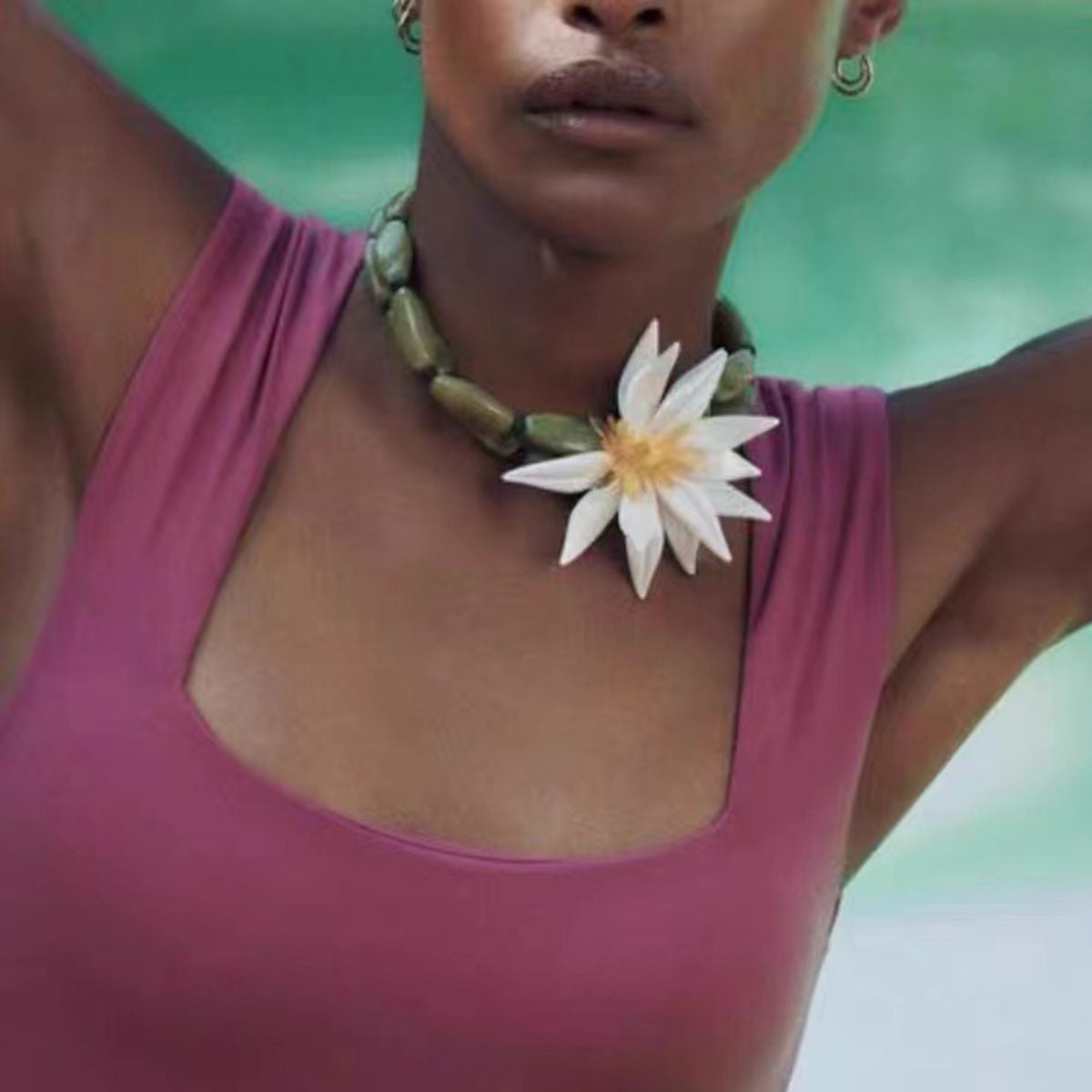 Tropical Flower Green Beaded Chain Statement Chunky Necklace