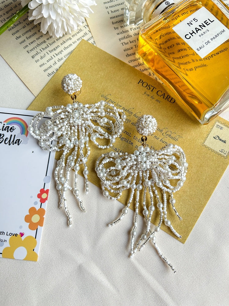 Pookie Bow (White) Handmade Beaded Earrings