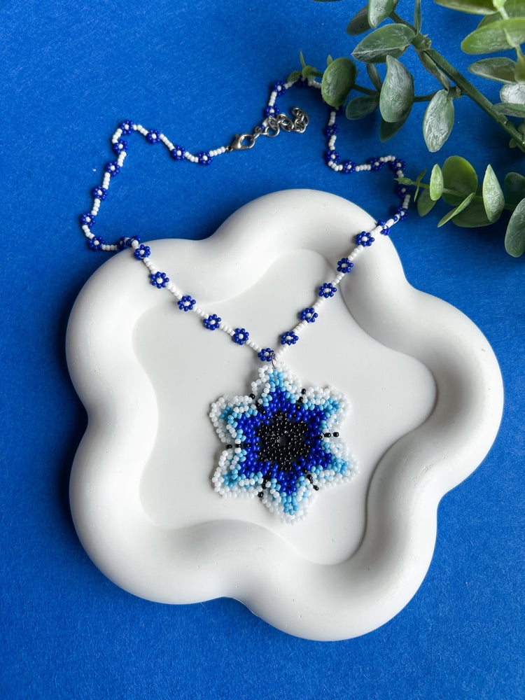 Blossoming Blue Flower Handmade Beaded Necklace