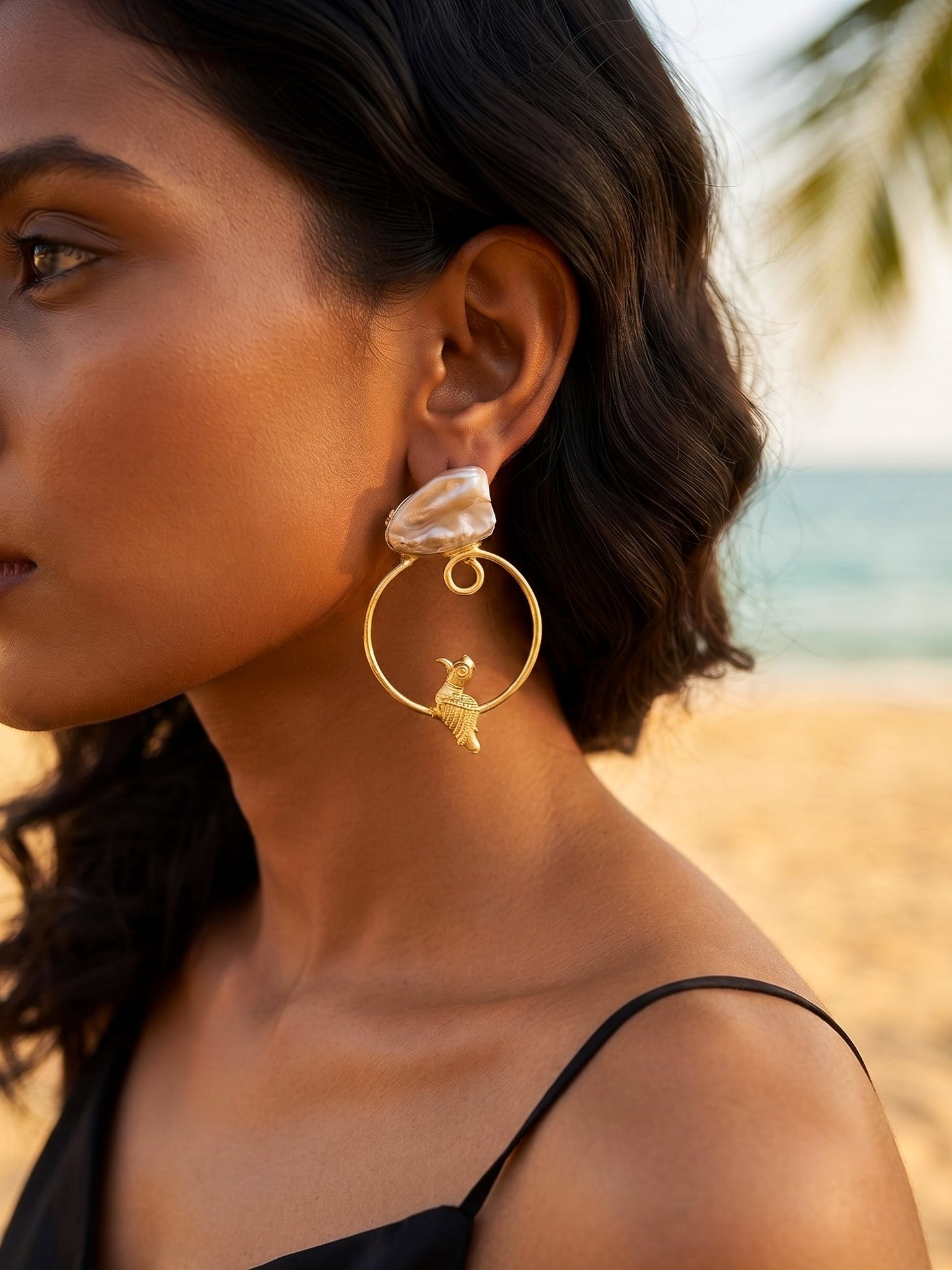 Perched Bird Mother Of Pearl Handmade Brass Earrings