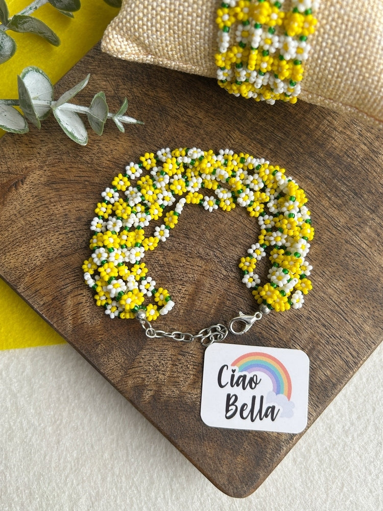 Spring Bloom Yellow White Daisy Handmade Beaded Bracelet