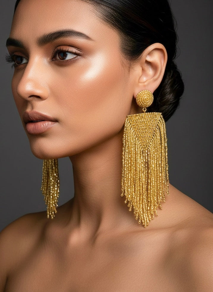 Luxe Gold Handmade Beaded Tassel Earrings