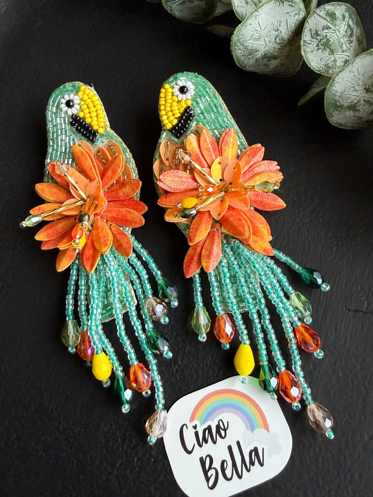 Luxe Paradise Teal Mint Lagoon Orange Parrot Handmade Beaded Bird Earrings