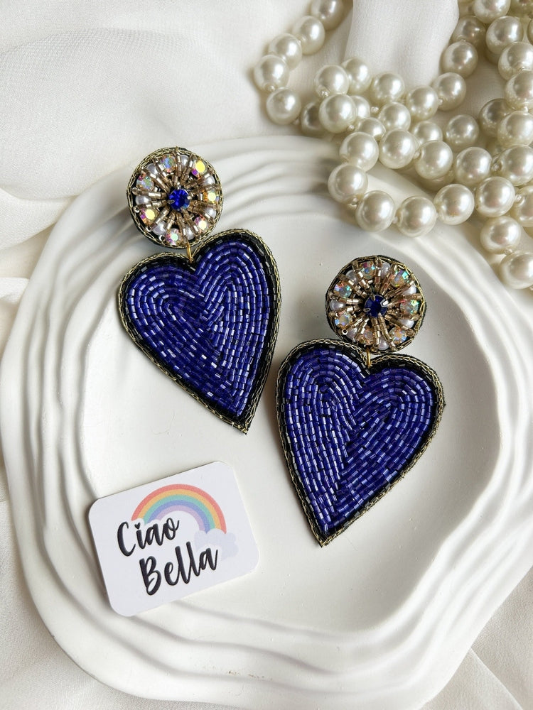 Glam Blue Heart Drop Handmade Beaded Earrings