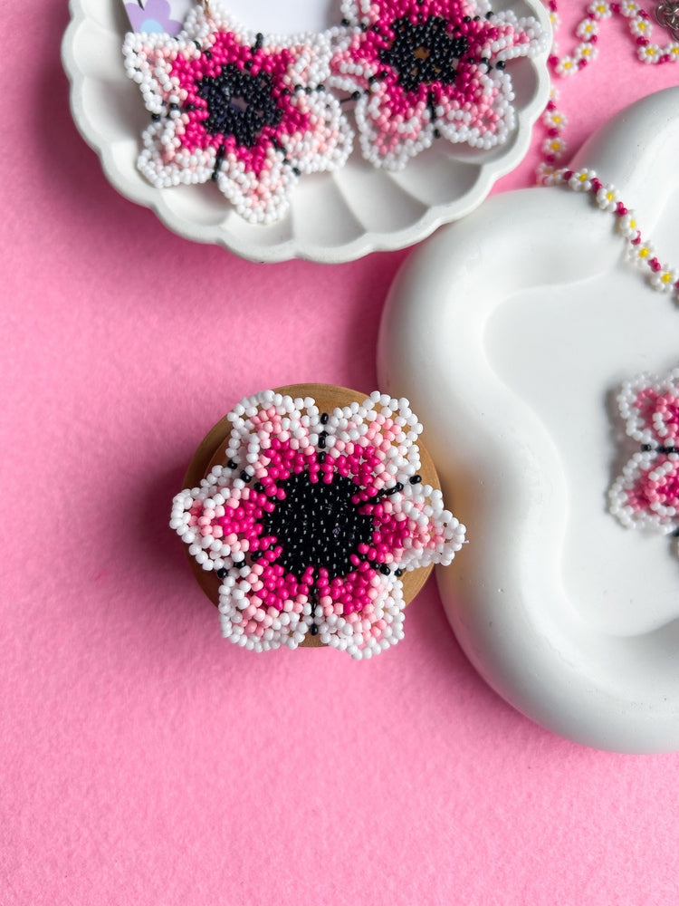 Blossoming Pink Flower Handmade Beaded Necklace + Earrings + Ring Set