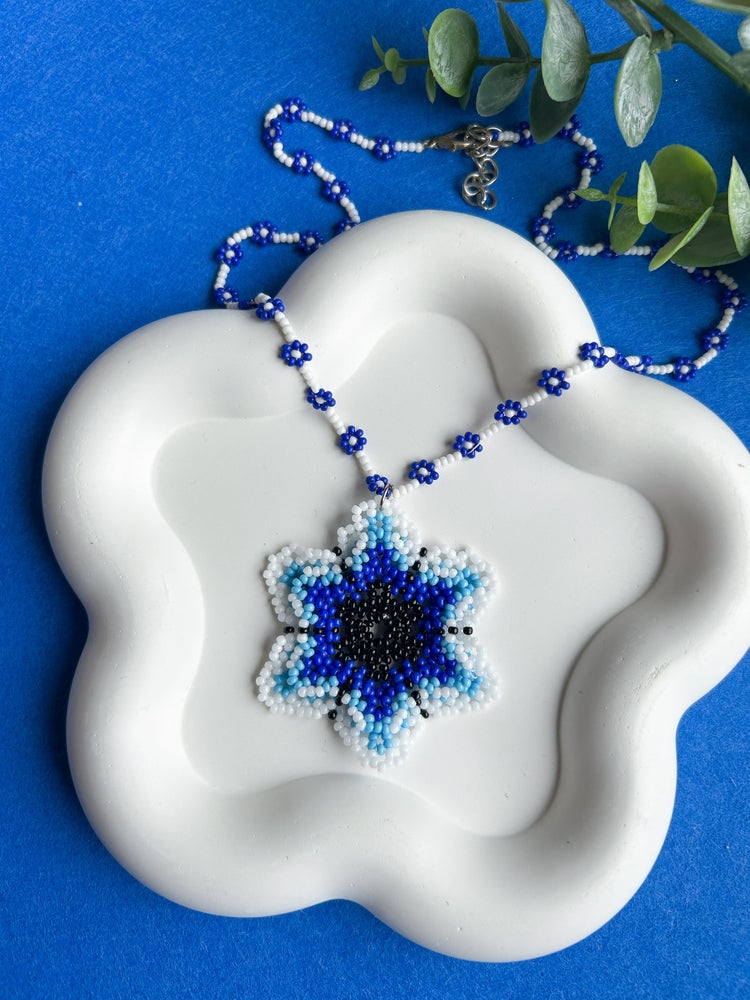 Blossoming Blue Flower Handmade Beaded Necklace