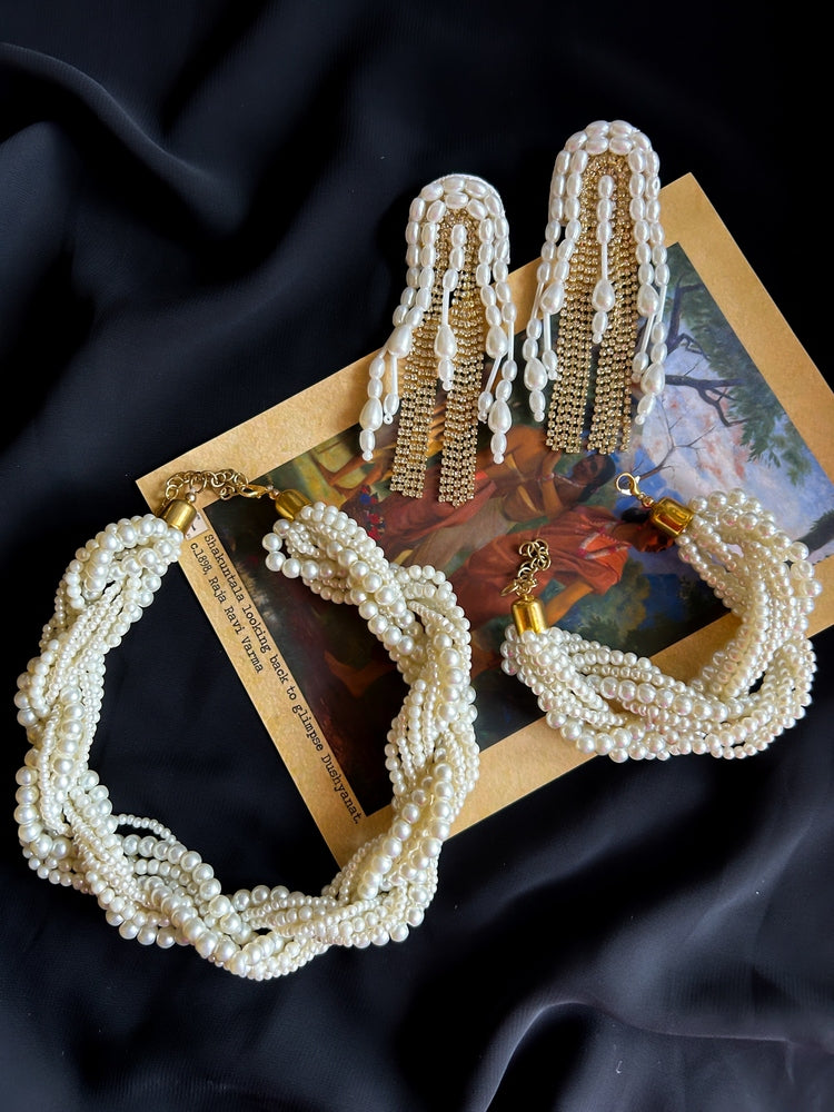 Noor Twisted Pearl Handmade Necklace + Bracelet + Earrings Set