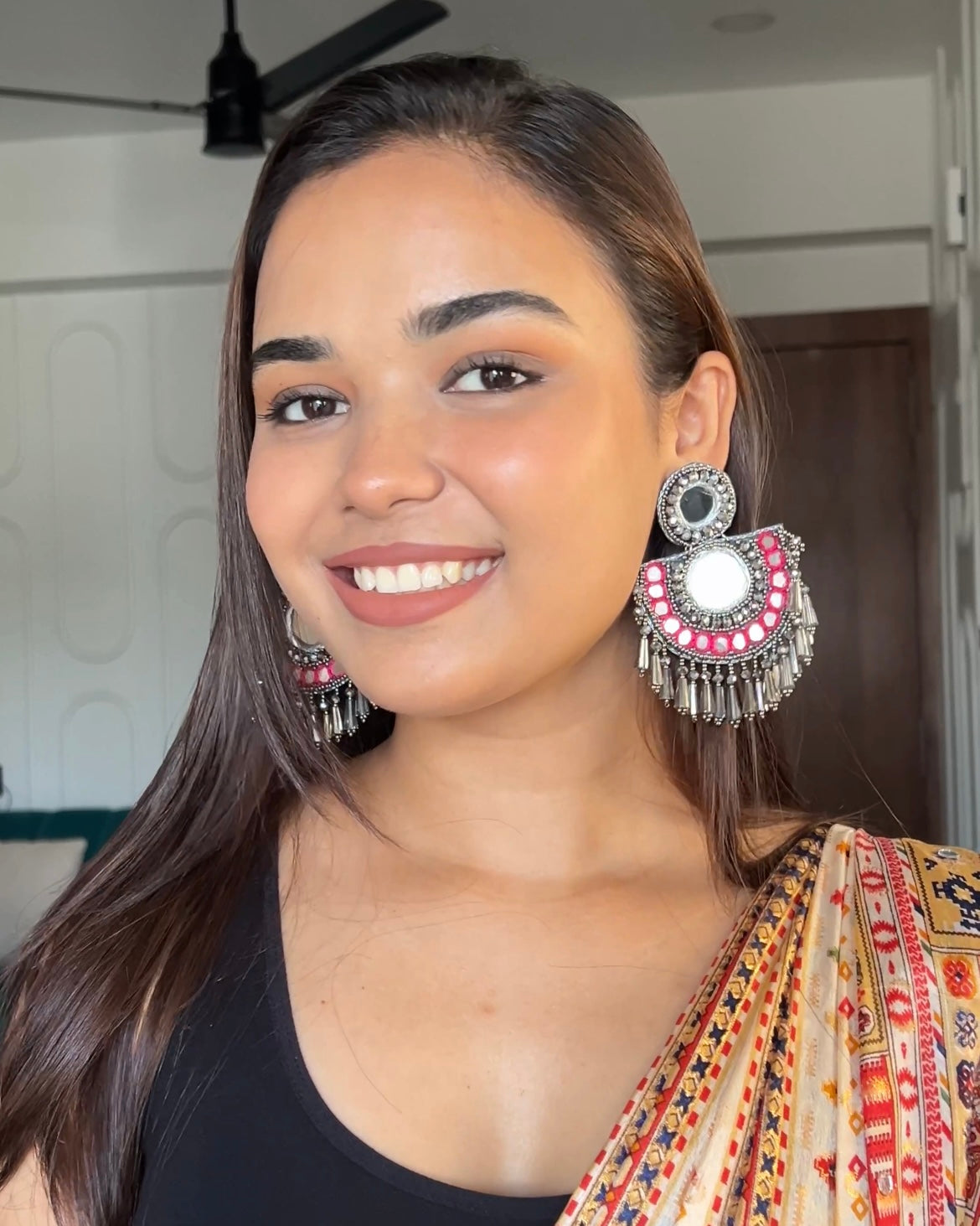 Chandrika Mirror Pink Handmade Beaded Earrings