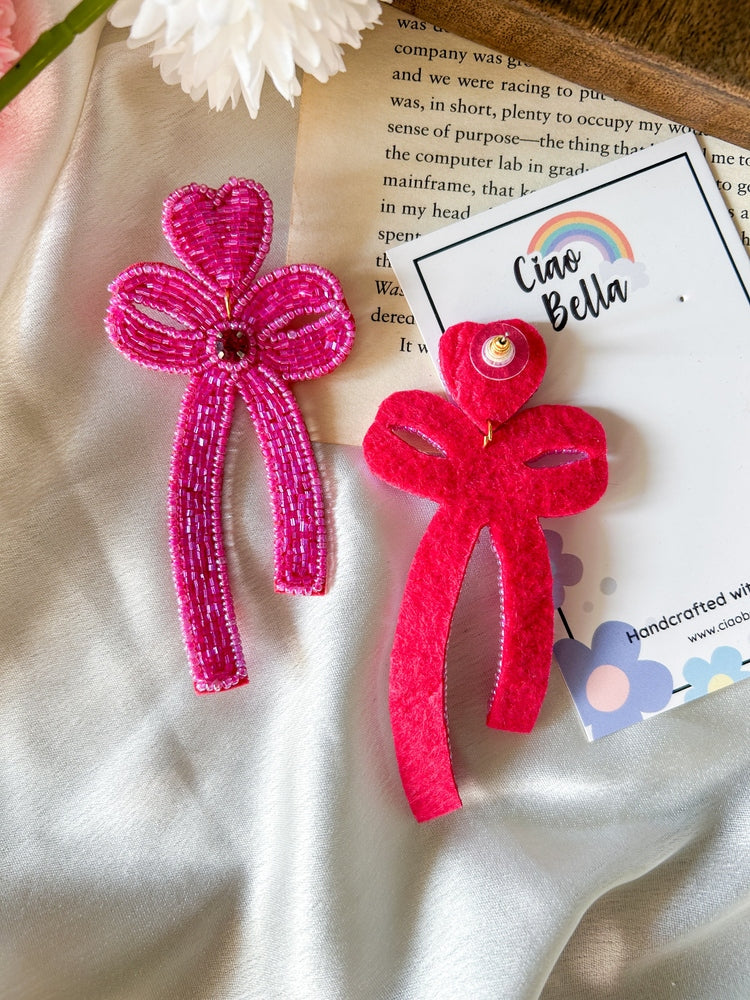 Glam Bow (Pink) Handmade Beaded Earrings