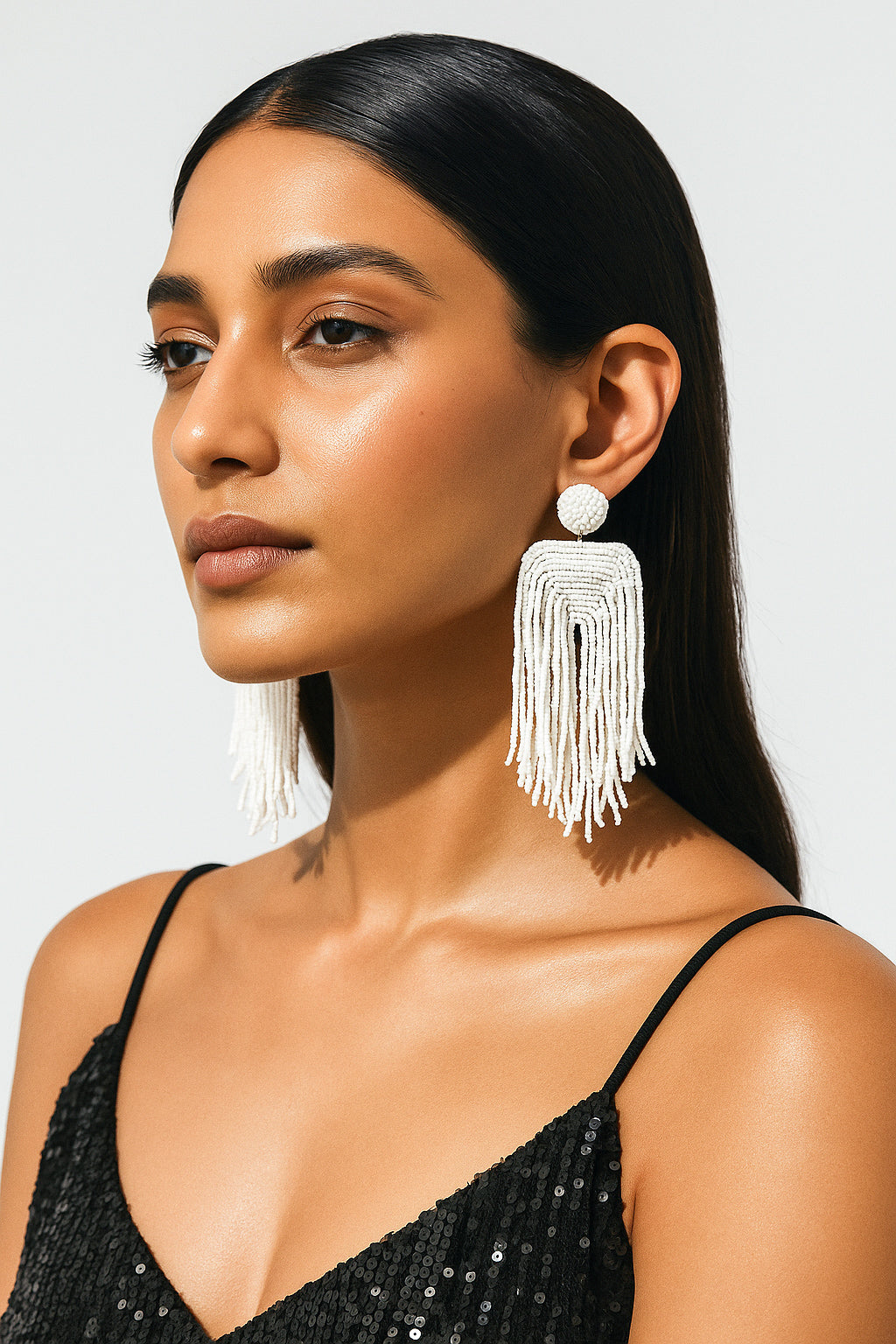 Luxe Snow White Handmade Beaded Tassel Earrings