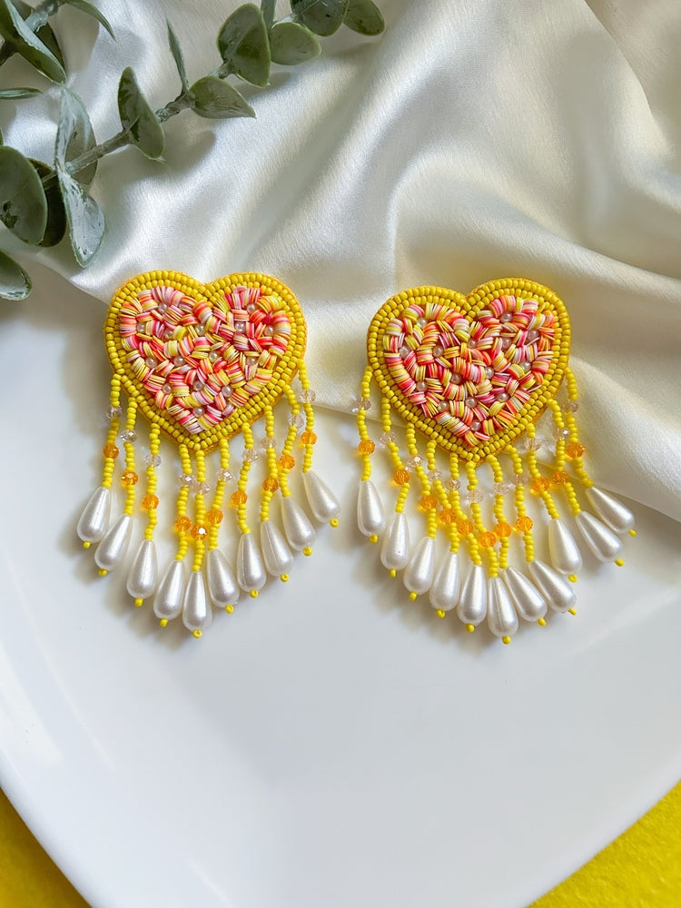Sunny Heart Drop Tassel Handmade Beaded Earrings