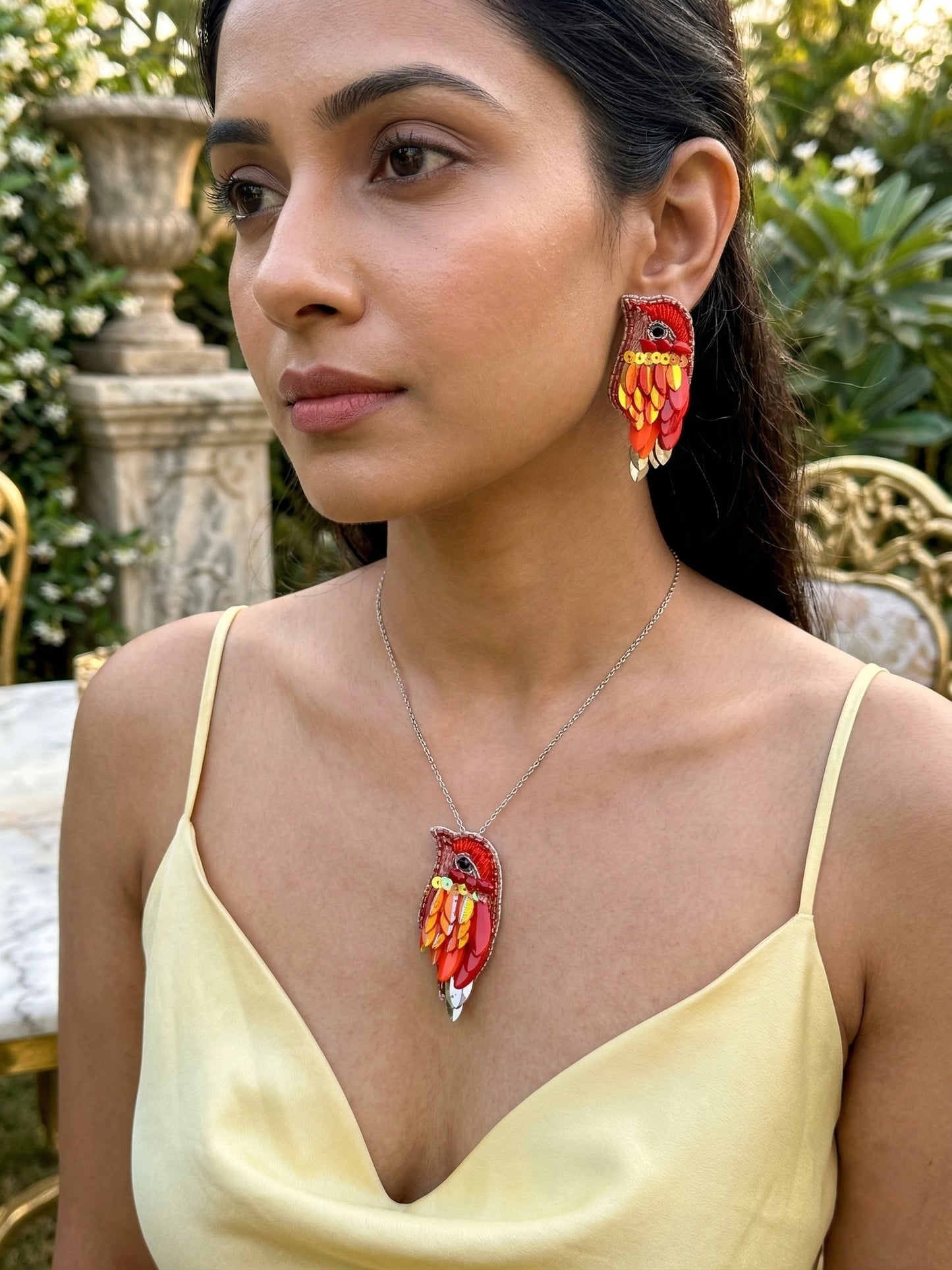 Chirpy Sunset Orange Parrot Handmade Beaded Necklace + Earrings Set