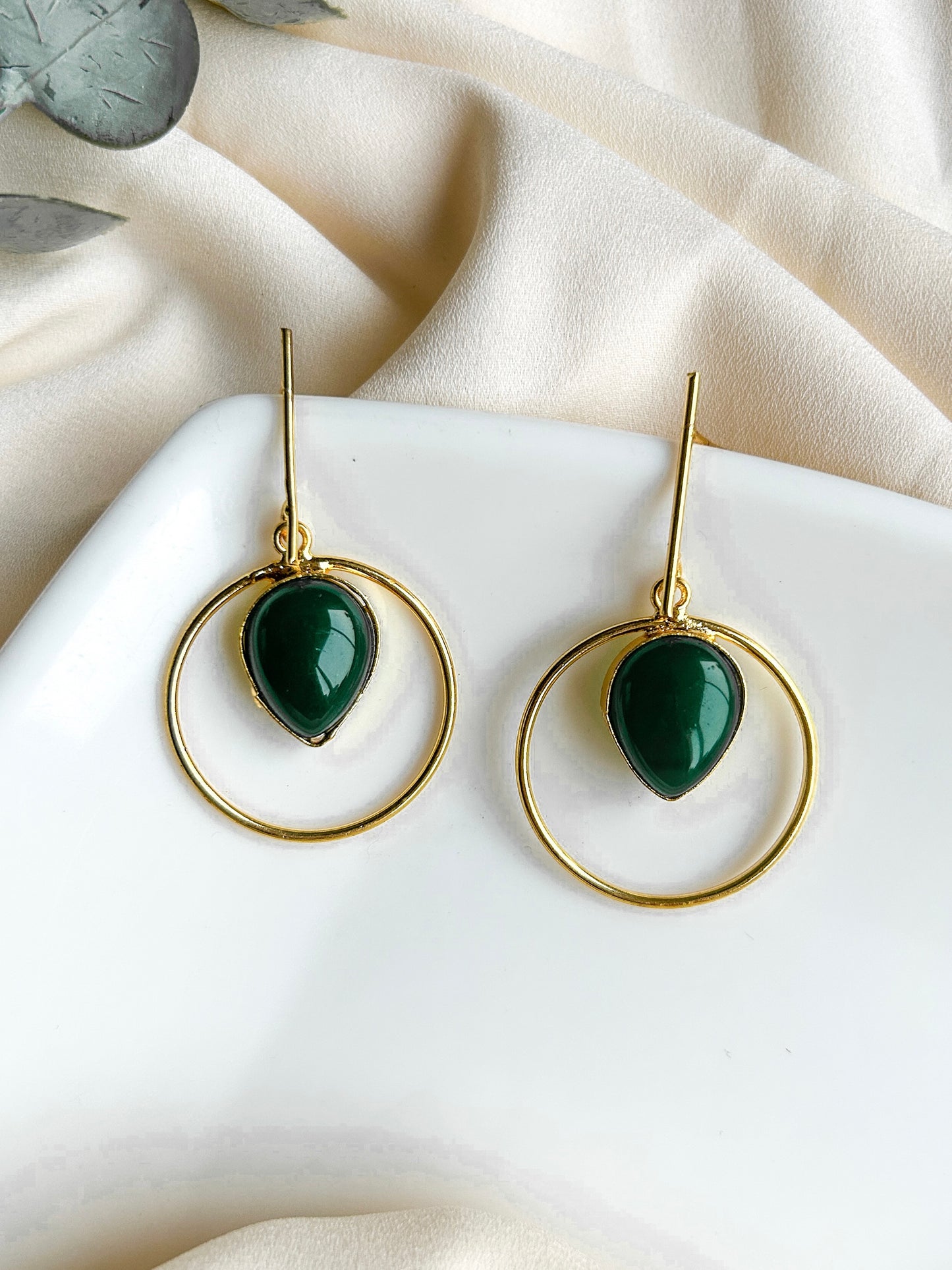 Emerald Green Monalisa Teardrop Handmade Brass Earrings