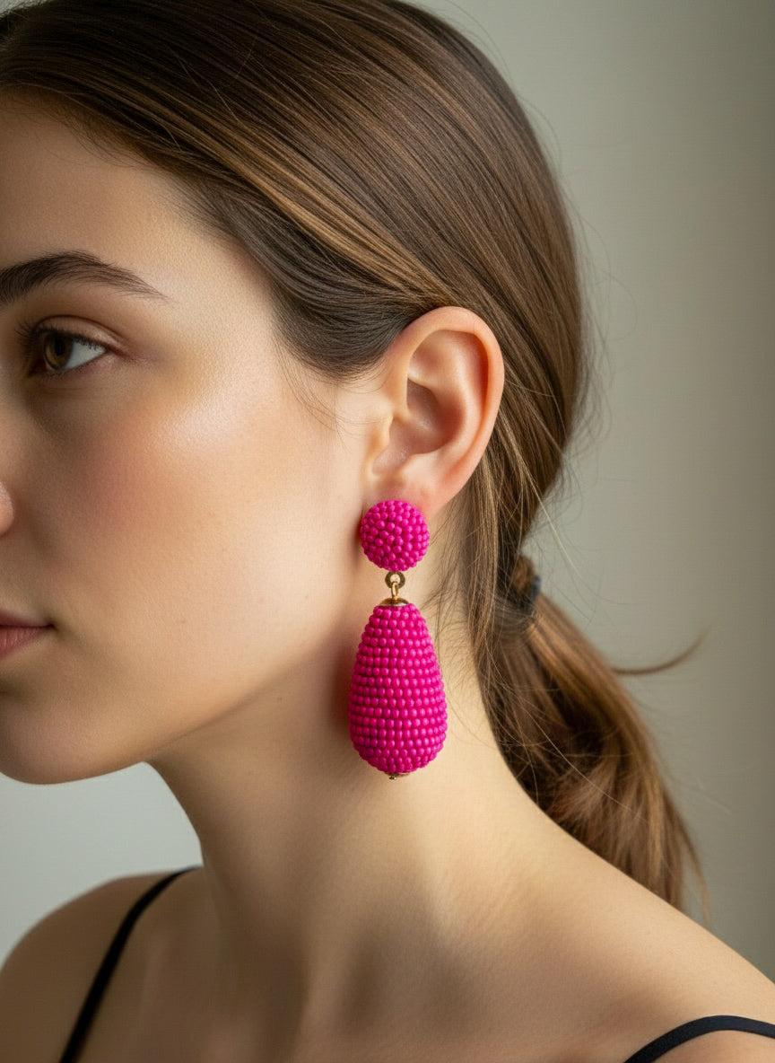 Fuchsia Pink Drop Handmade Beaded Earrings
