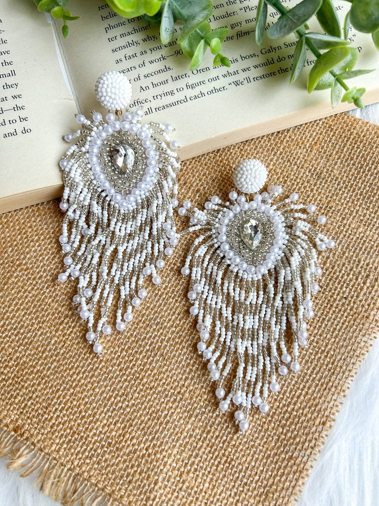 Noorani Peacock Handmade Beaded Bird Feather Tassel Earrings