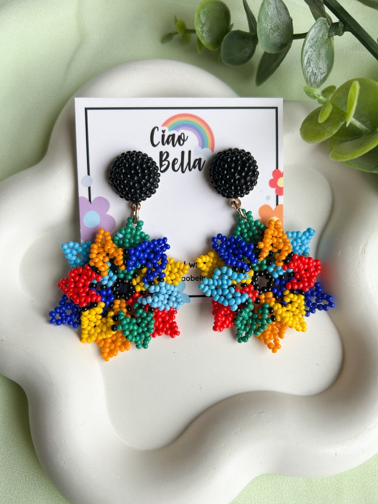 Rainbow Blossoming Flower Handmade Beaded Necklace + Earrings + Ring Set