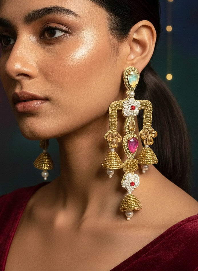 Rajwada Yellow Pink Danglers Handmade Beaded Statement Earrings