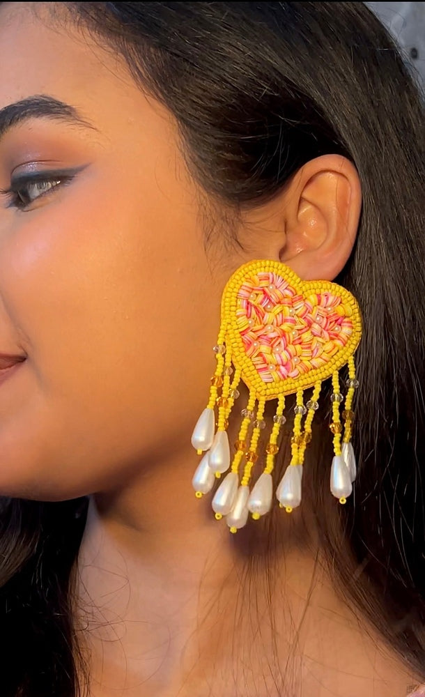Sunny Yellow Heart Drop Yellow Tassel Handmade Beaded Earrings