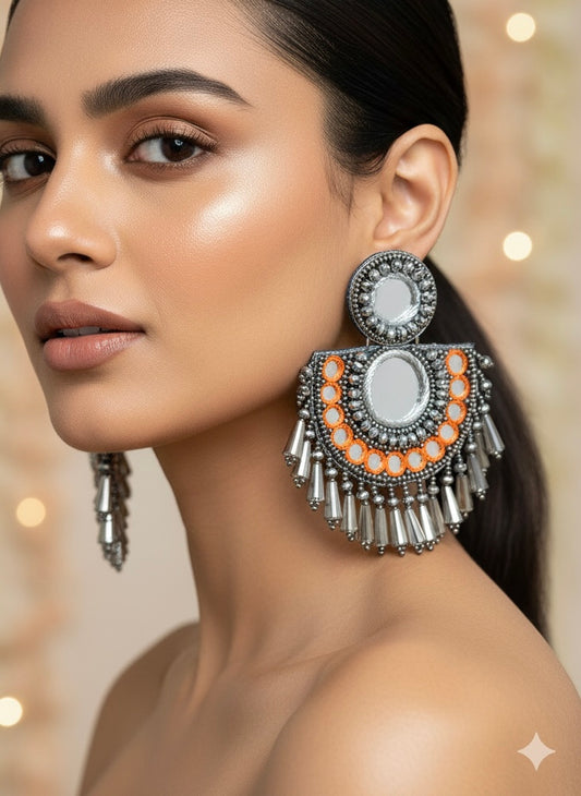 Chandrika Mirror Orange Handmade Beaded Earrings
