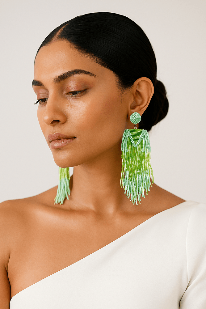 Luxe Minty Green Handmade Beaded Tassel Earrings
