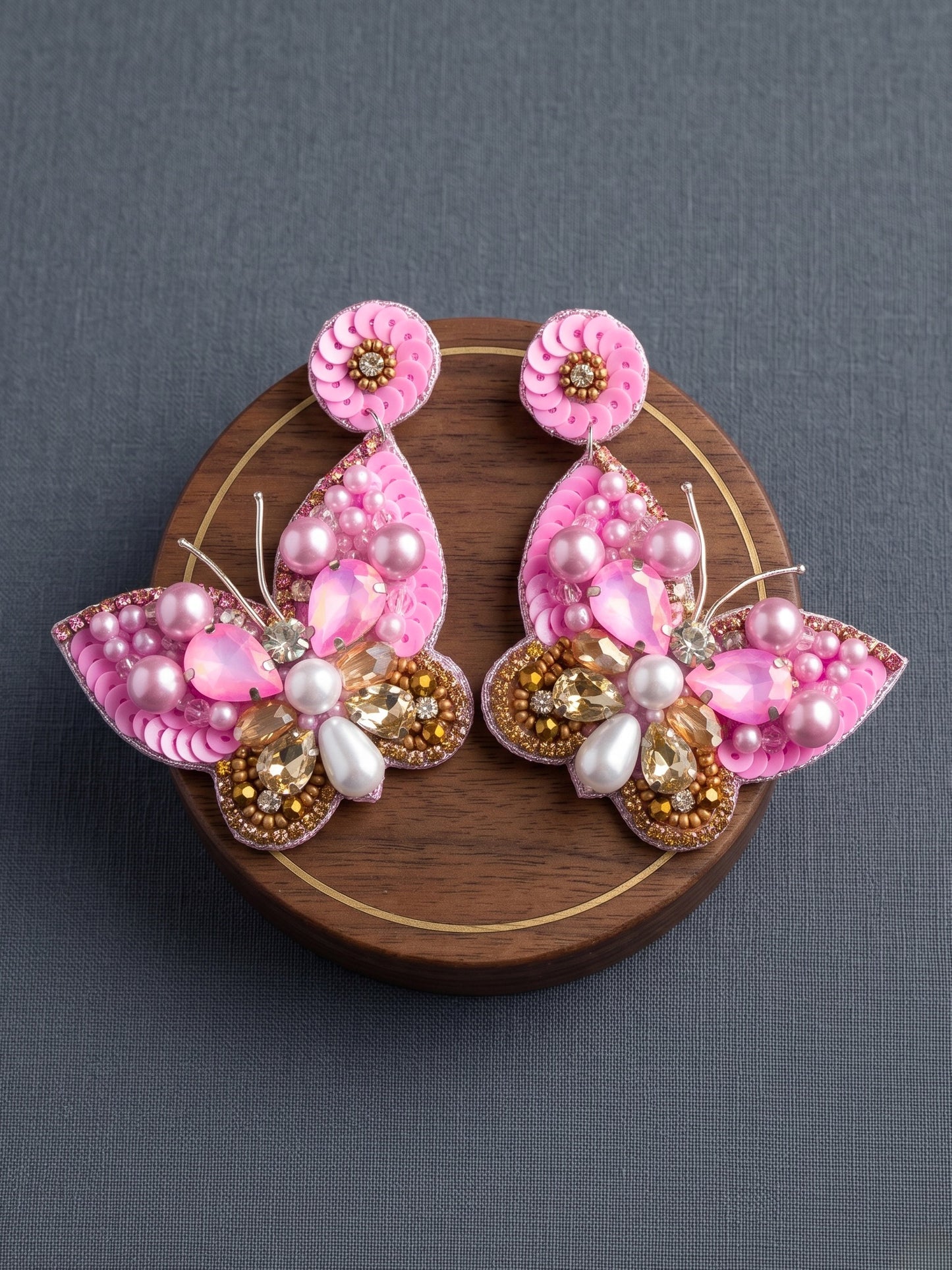 Luxe Crystal Light Rose Pink Handmade Beaded Butterfly Earrings