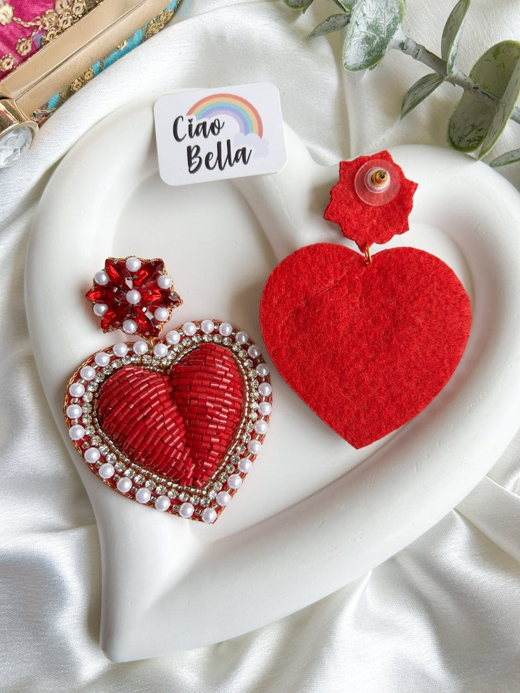 Ishqiya Red Heart Drop Handmade Beaded Earrings