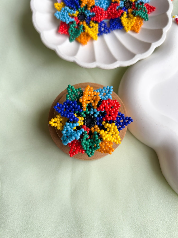 Rainbow Blossoming Flower Handmade Beaded Necklace + Earrings + Ring Set
