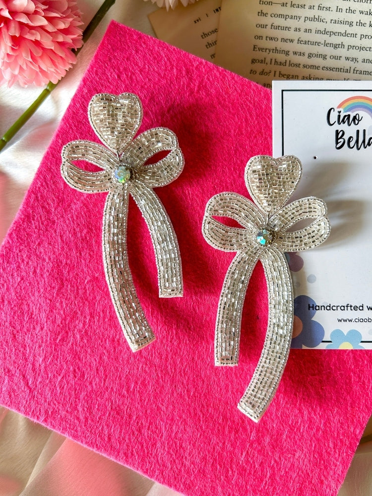 Glam Bow (Silver) Handmade Beaded Earrings