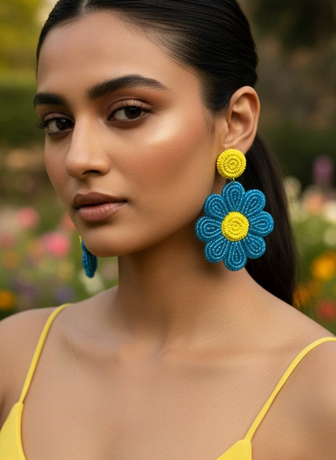 Forever-Blue Daisy Handmade Beaded Flower Earrings