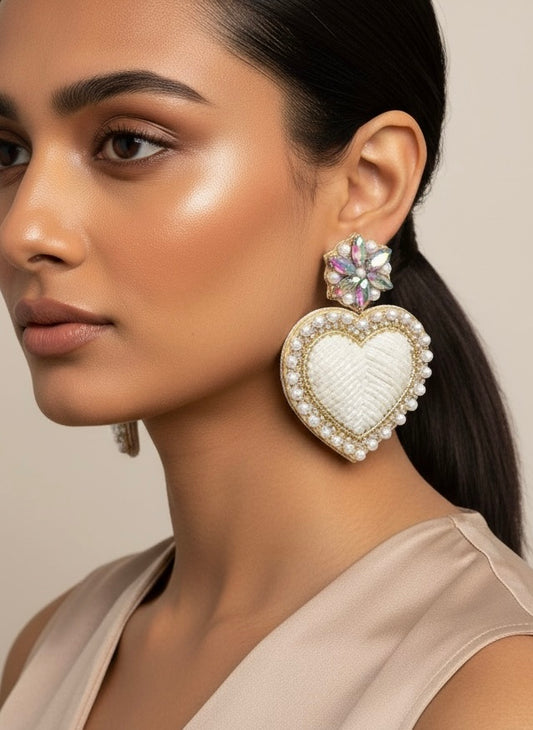 Ishqiya White Heart Drop Handmade Beaded Earrings
